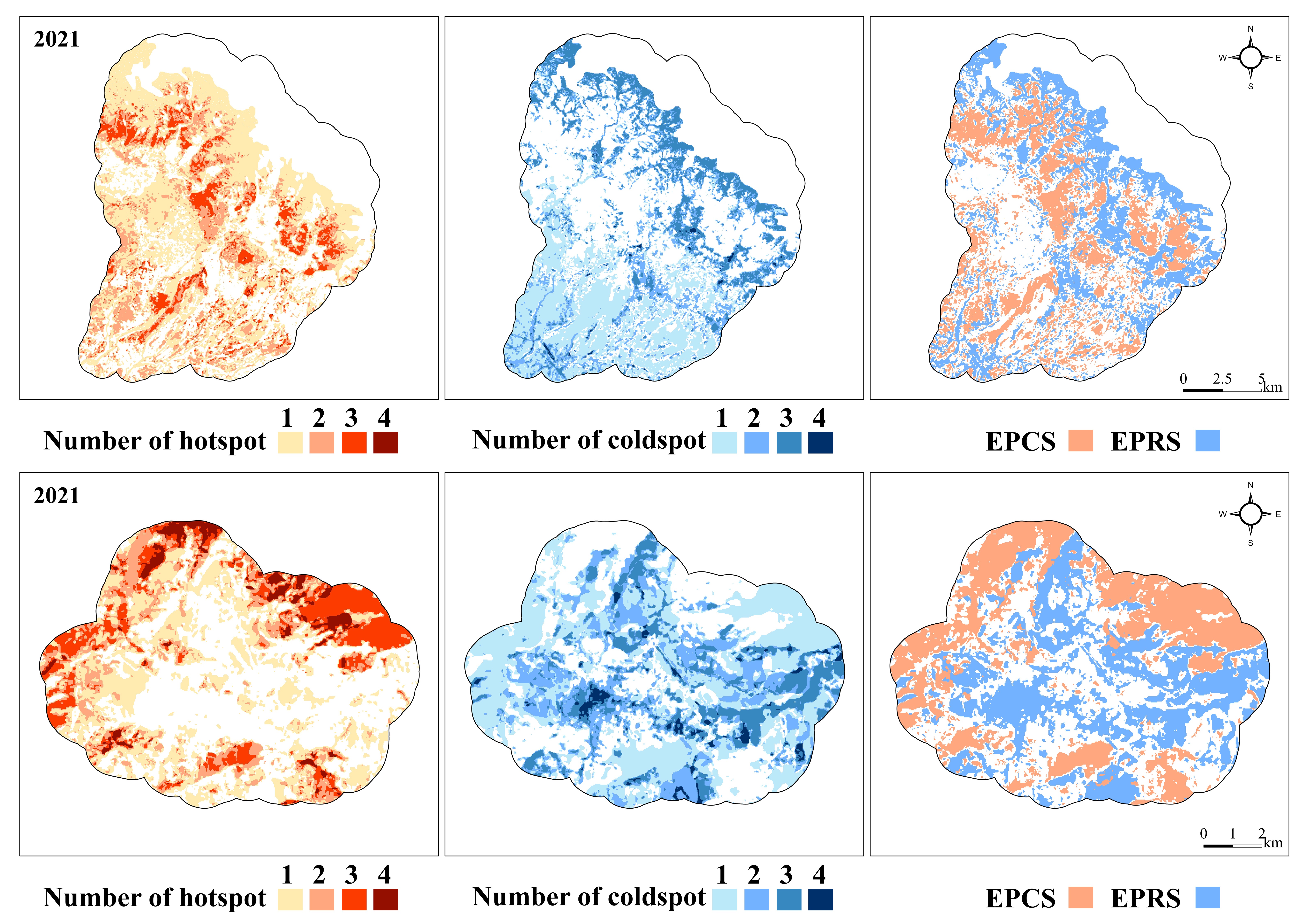 Spatially overlaid hotspot and coldspot distribution across four RES, and identified EPCS and EPRS in Dharamshala & Pithoragarh.