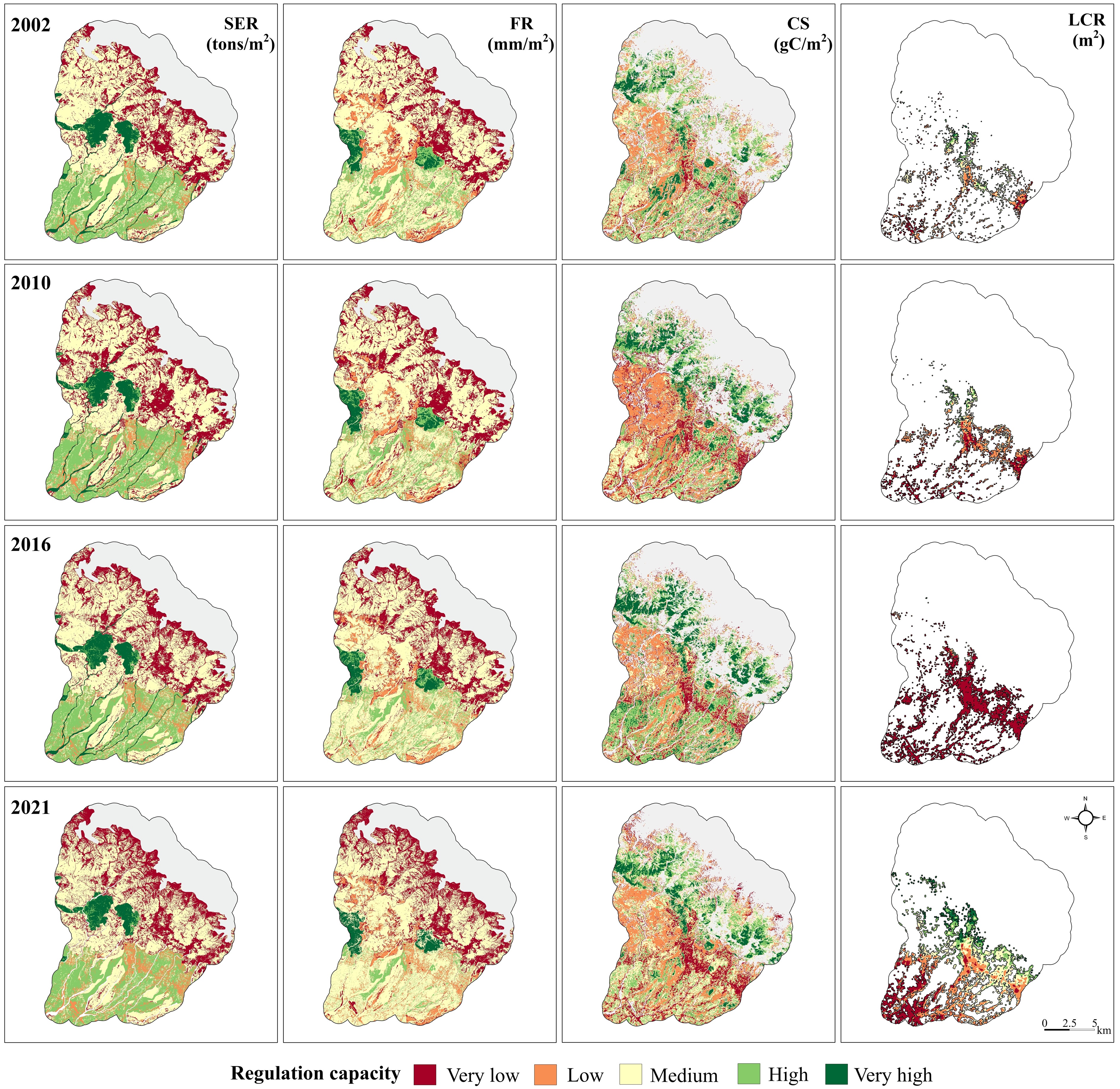 Grid of maps showing soil erosion regulation, flood regulation, carbon sequestration and local climate regulation in Dharamshala across four time points