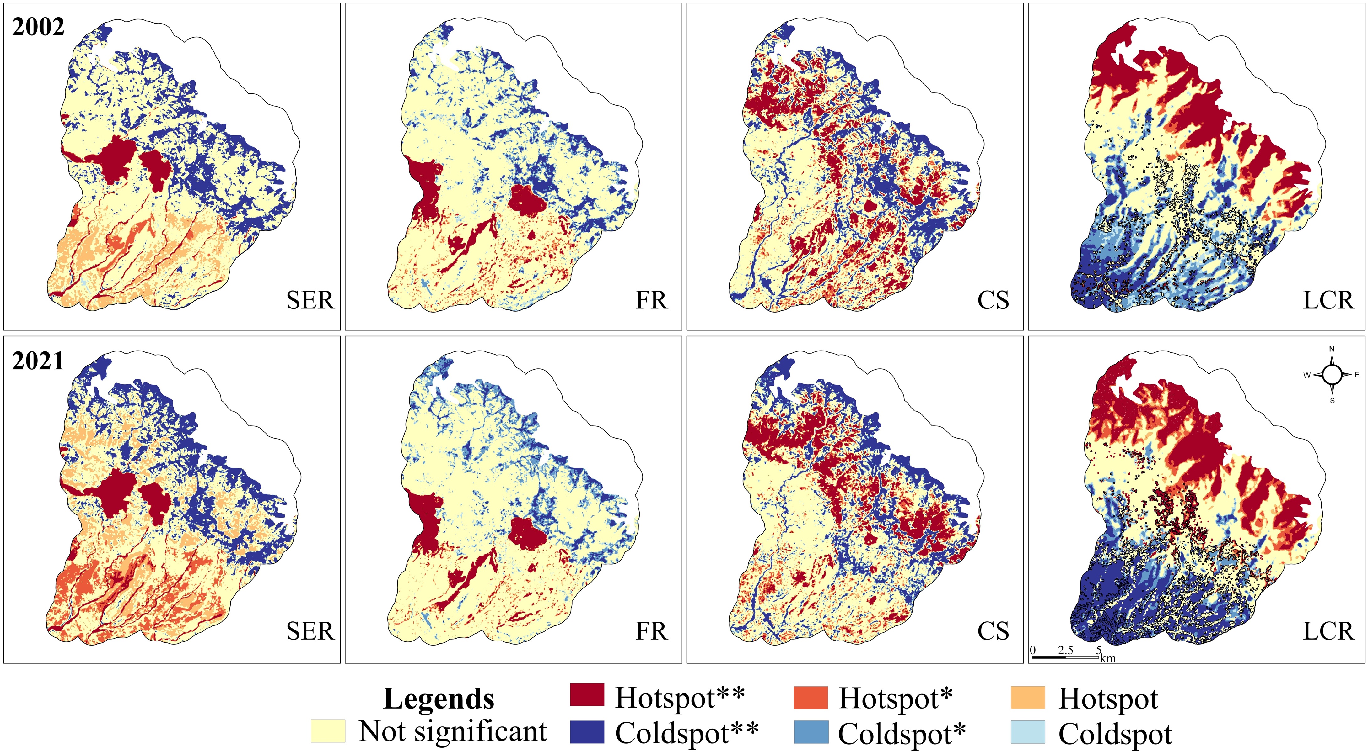 Hotspot and coldspot maps for four ecosystem services in Dharamshala