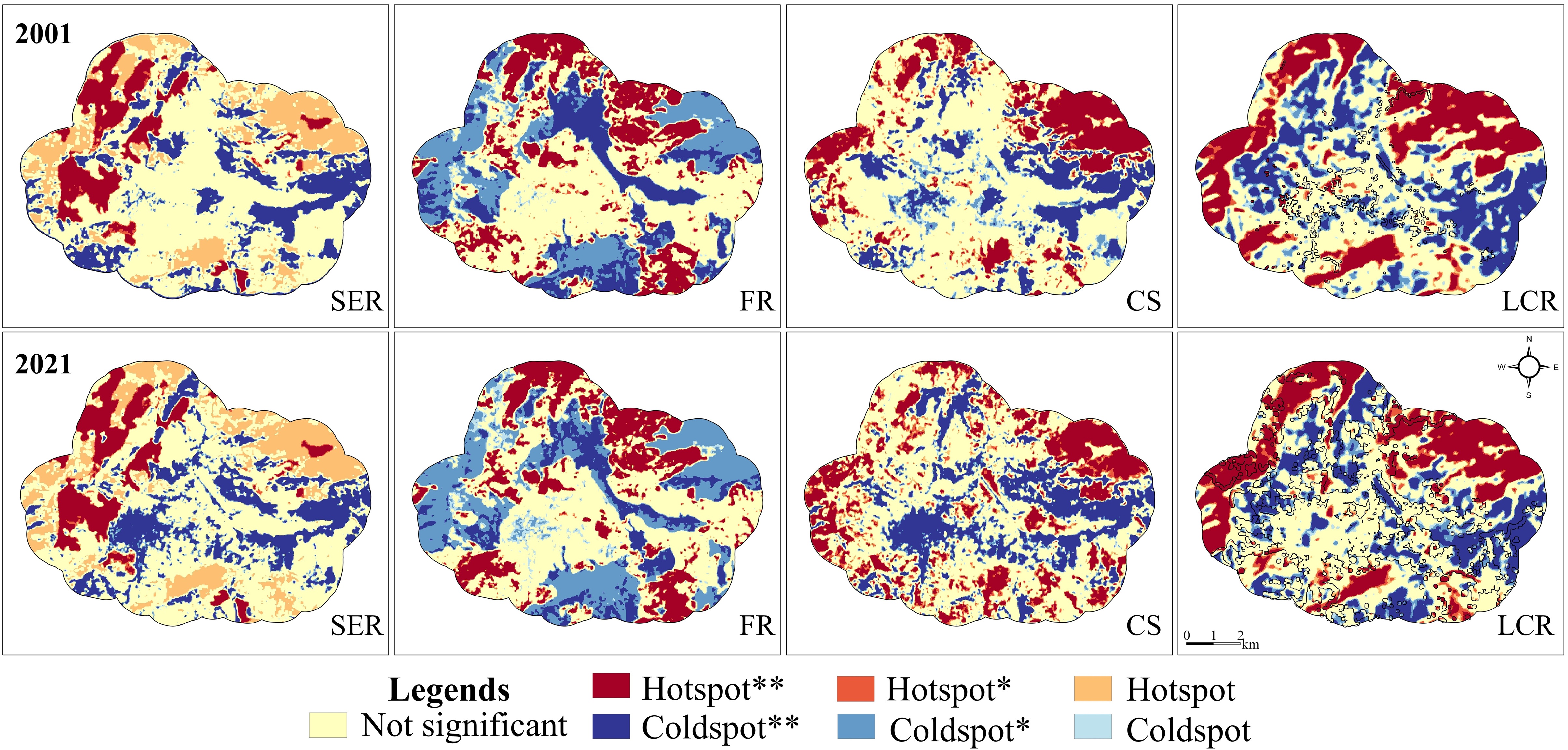 Hotspot and coldspot maps for four ecosystem services in Pithoragarh
