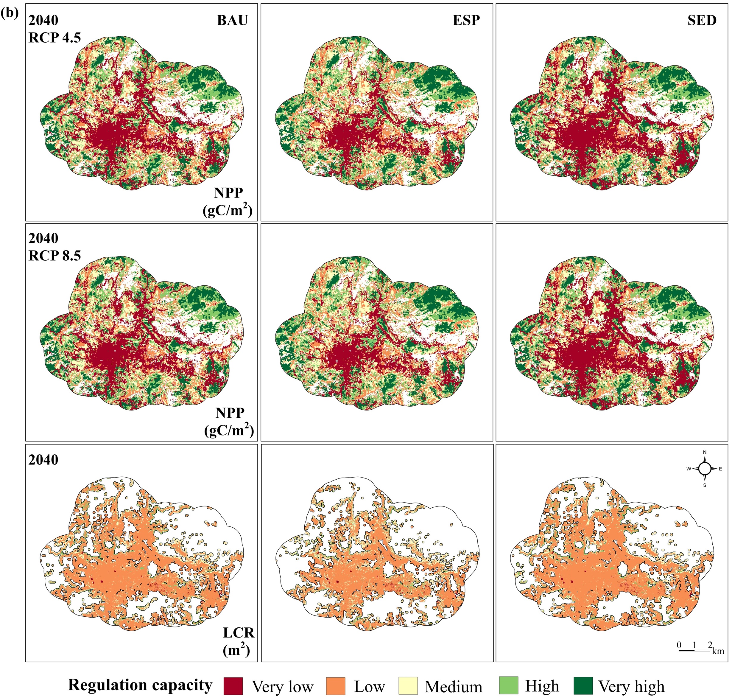 Maps of projected carbon sequestration and local climate regulation in Pithoragarh in 2040 under BAU ESP and SED scenarios