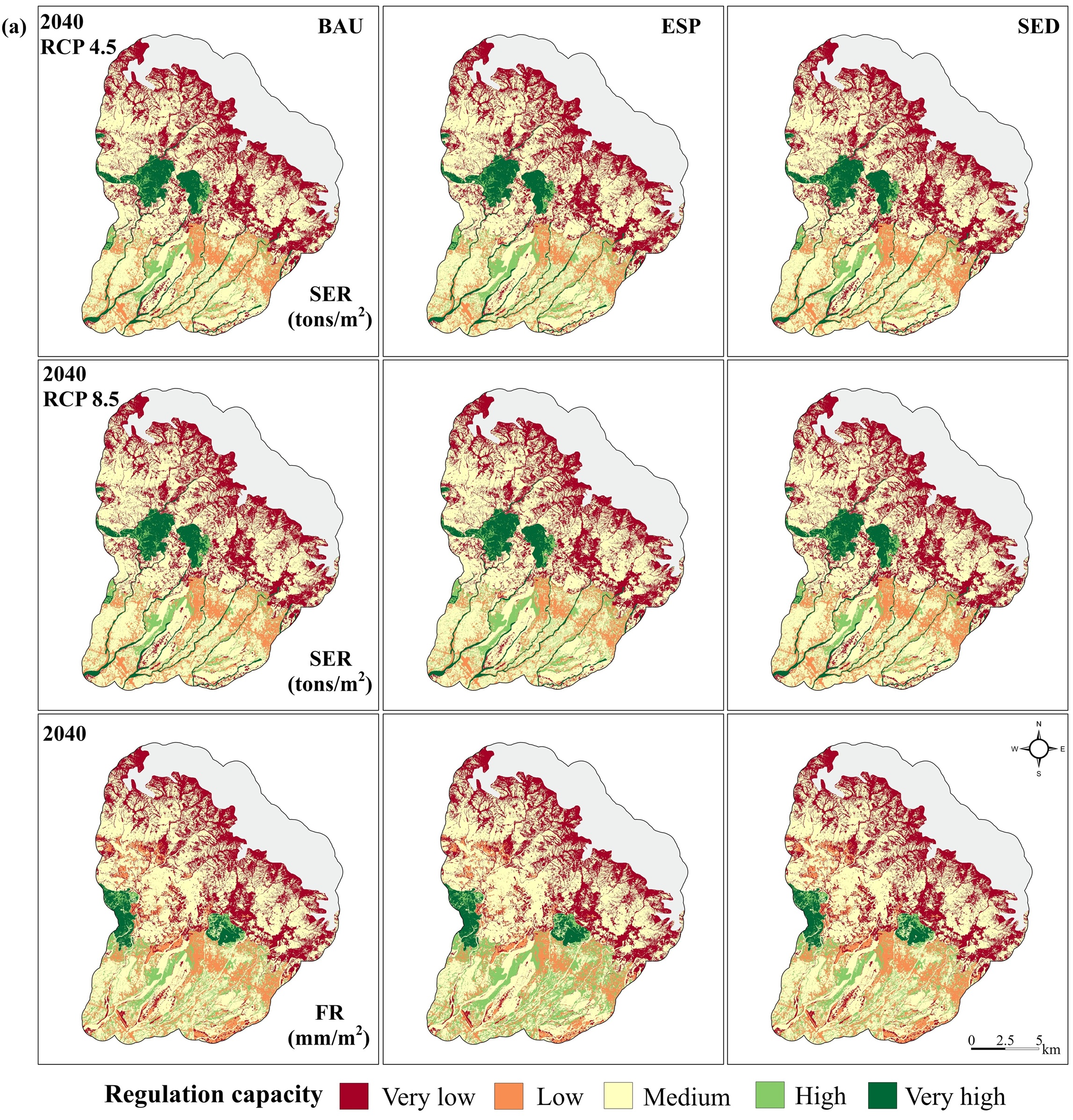 Maps of projected soil erosion regulation and flood regulation in Dharamshala in 2040 under BAU ESP and SED scenarios