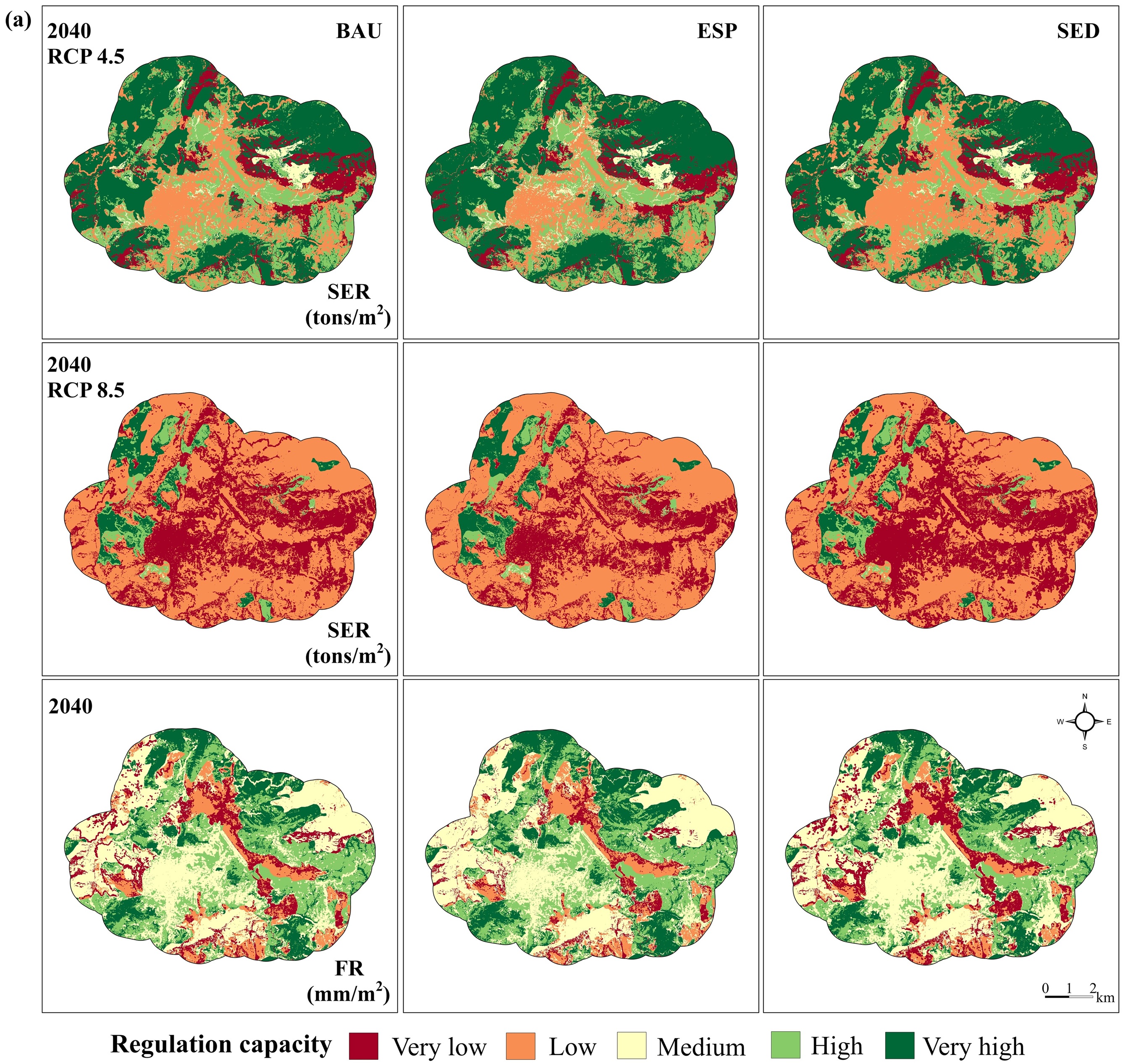 Maps of projected soil erosion regulation and flood regulation in Pithoragarh in 2040 under BAU ESP and SED scenarios