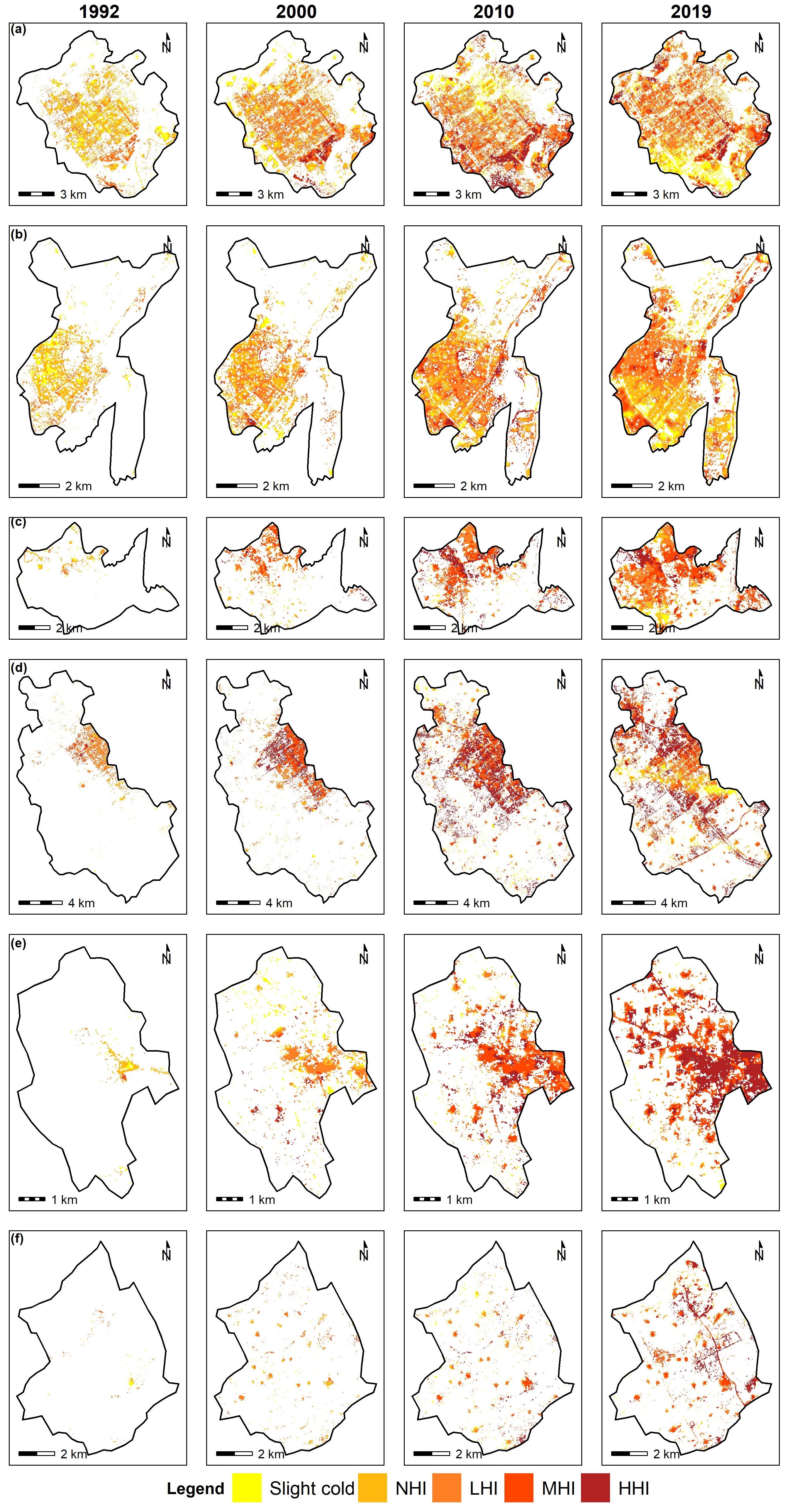 Maps showing SUHI intensity grades across six urban centres at four time points