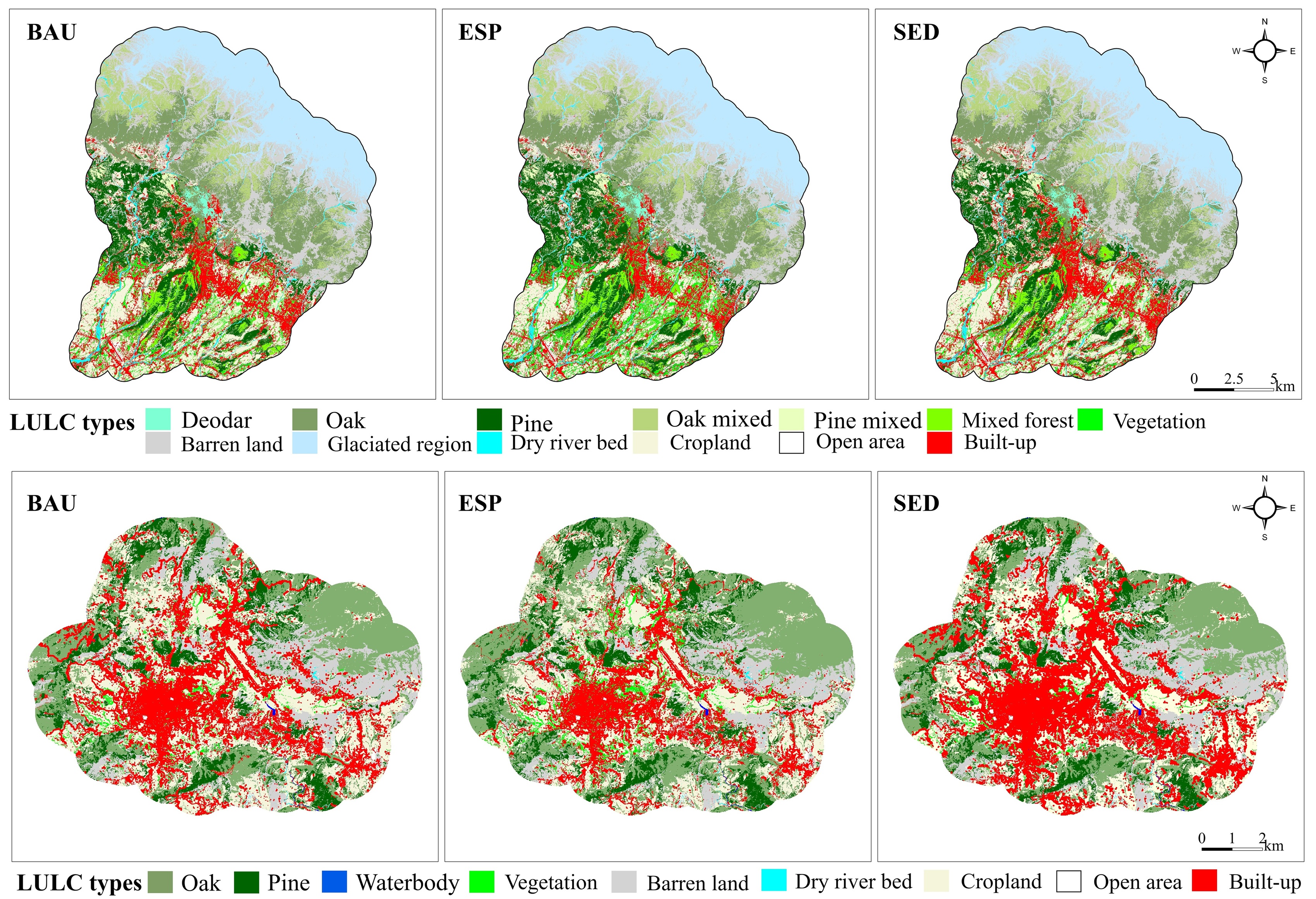 Three-panel map showing projected land cover in Dharamshala and Pithoragarh in 2040 under BAU, ESP and SED scenarios